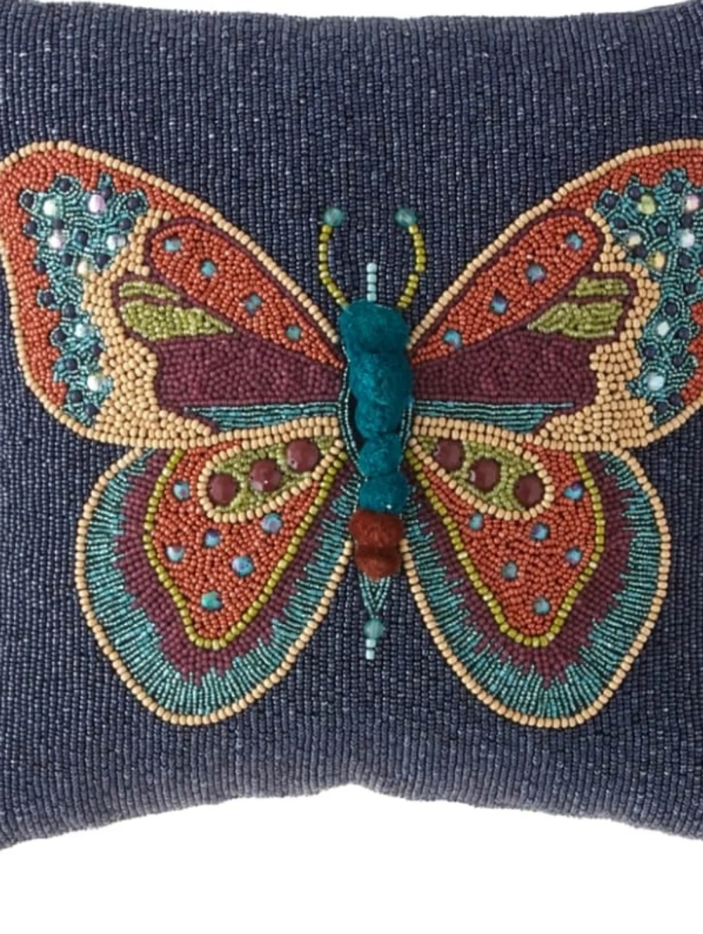 NWOT Mackenzie-Childs Boheme Butterfly Beaded Accent Pillow Blue Background